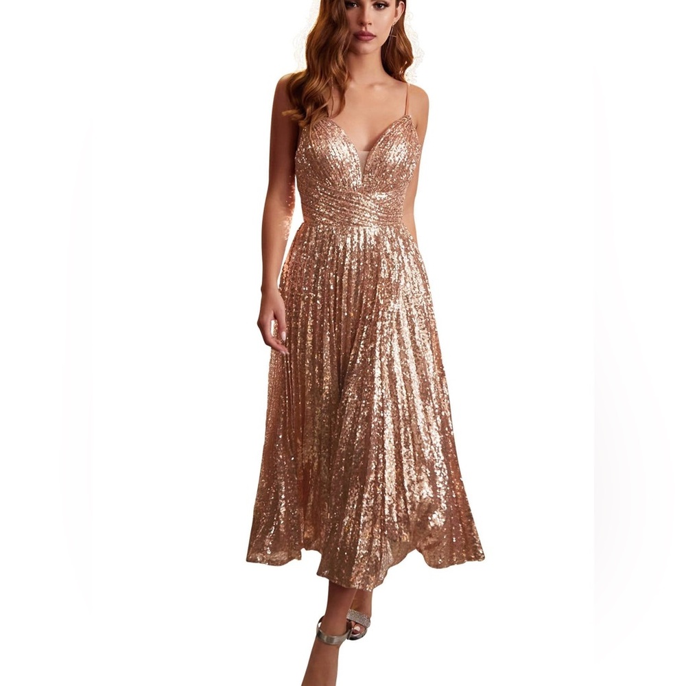 LaDivine Cinderella Divine Dress rose gold micro sequin‎ formal prom *READ* XS S